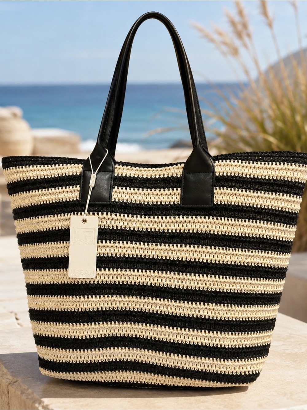 Urban Expressions Black and Cream Women’s Straw Tote Bag NWT